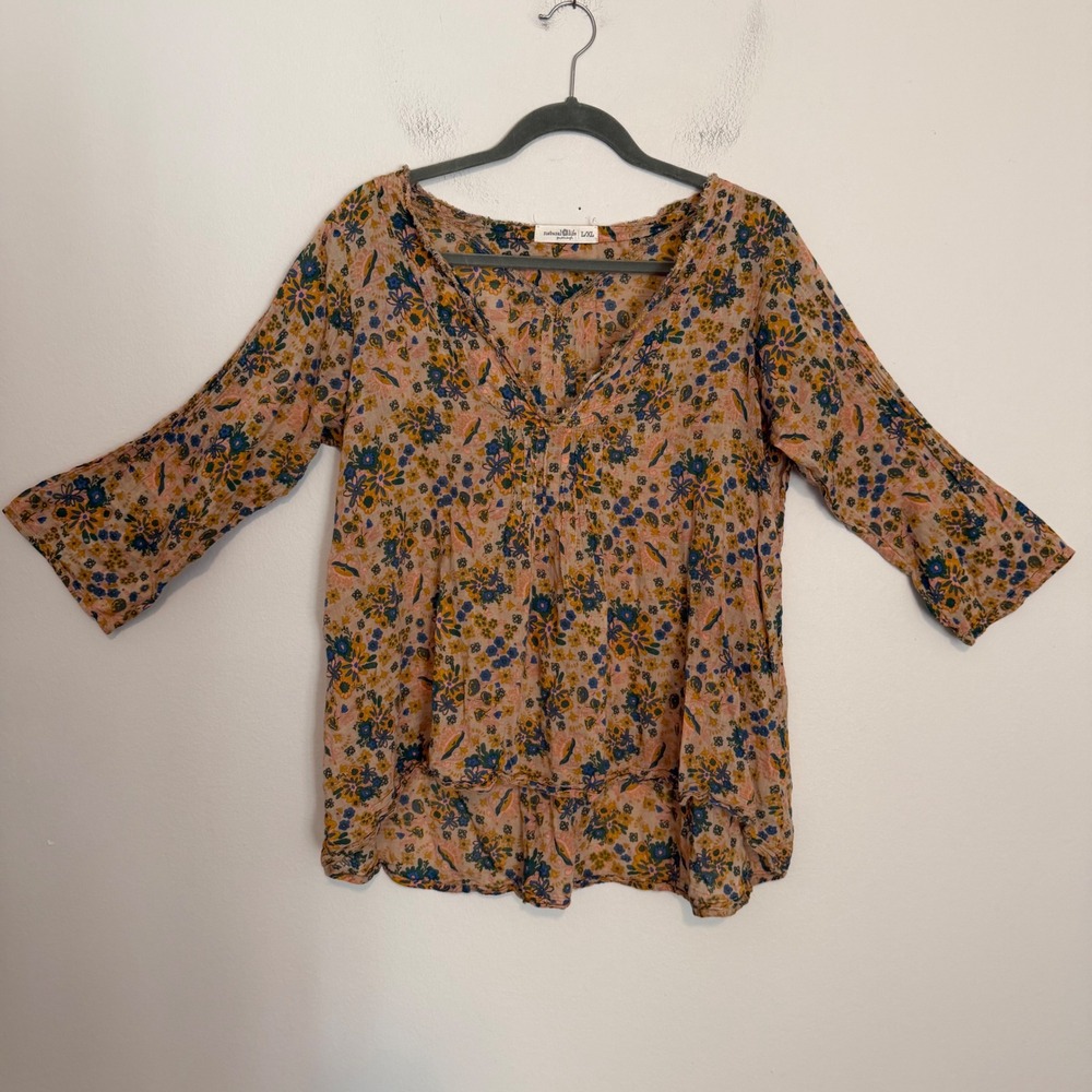 Natural Life Floral Cotton Peasant Tunic Blouse L/XL Boho Bell Sleeve Granola